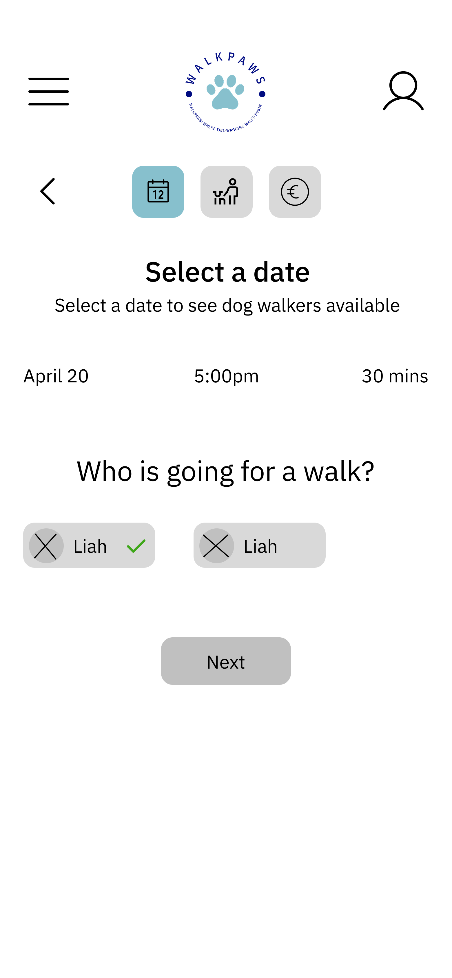 Walk Paws Lo-Fi Wireframe - Booking Flow